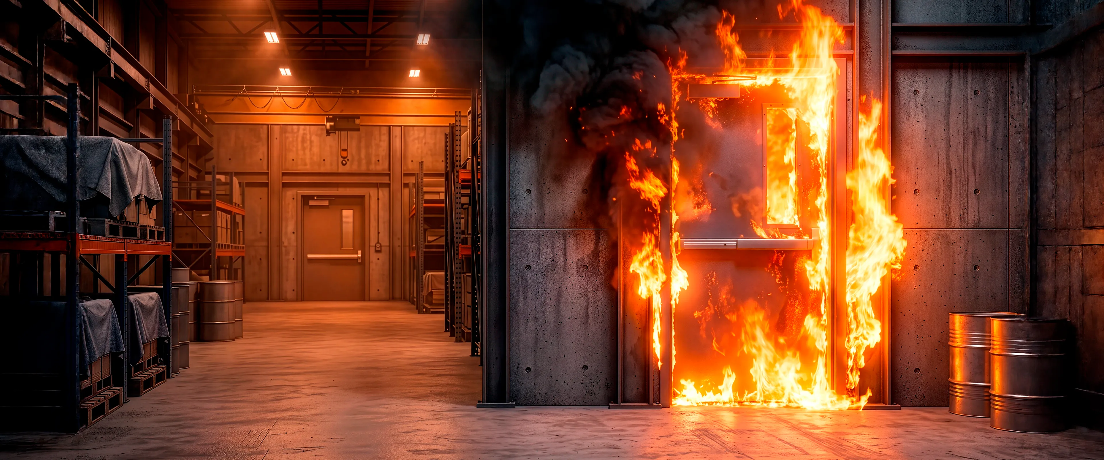 Puerta cortafuego de acero resistiendo un frente de fuego.